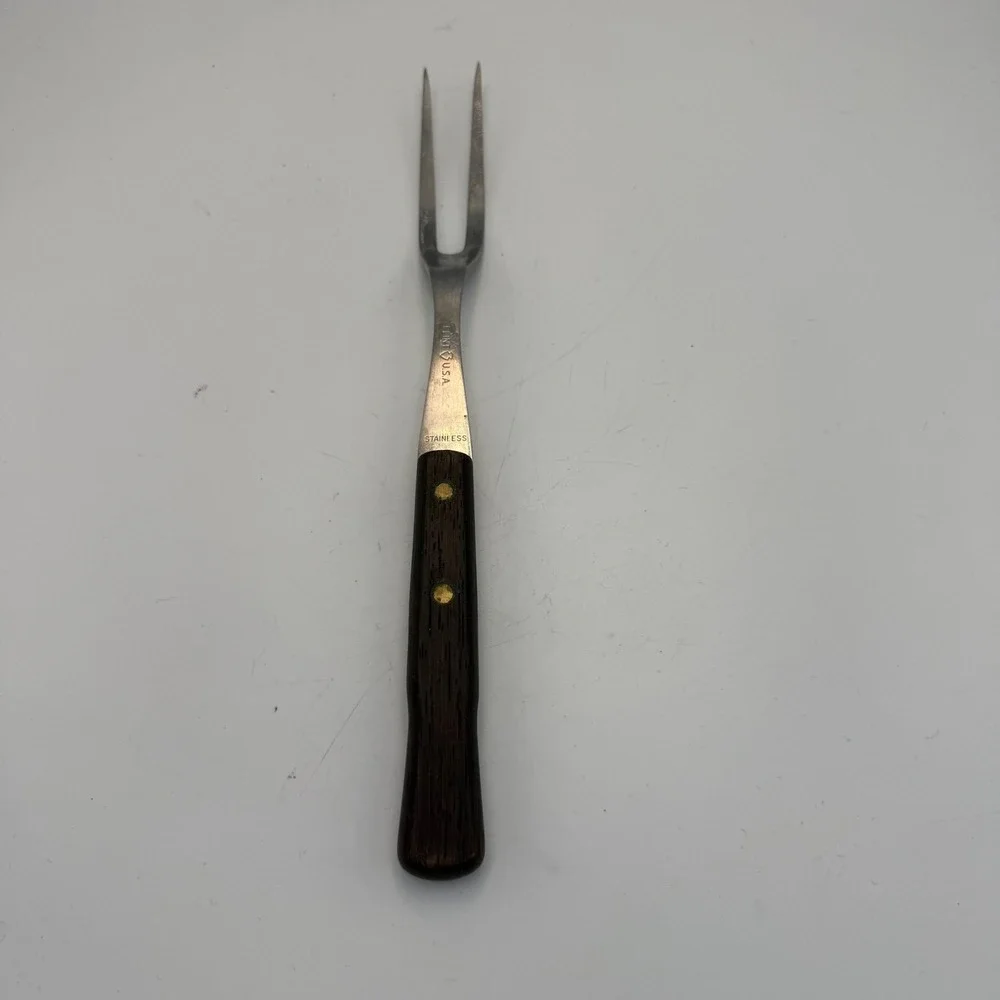 Vintage Flint USA Stainless Steel Carving Fork Wood Handle Arrowhead Logo 11.5in